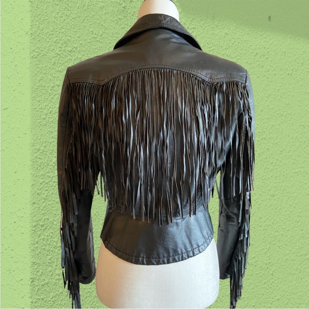 Vintage cropped leather moto jacket with fringe